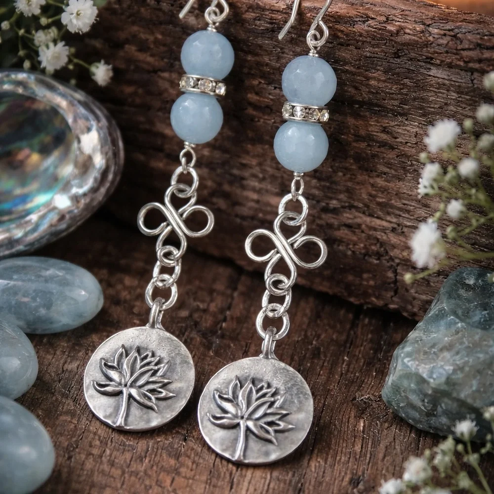 Lotus Rising Aquamarine Gemstone Earrings – Artisan Silver Drop - Picture 5 of 5